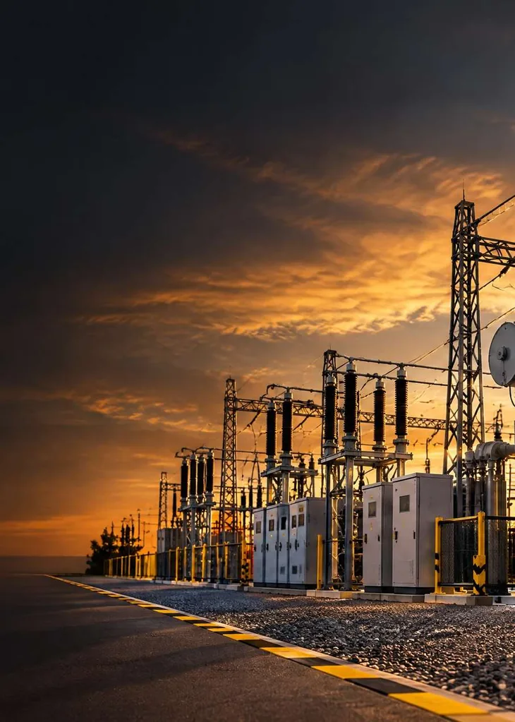 Infraestrutura de subestação elétrica ao entardecer